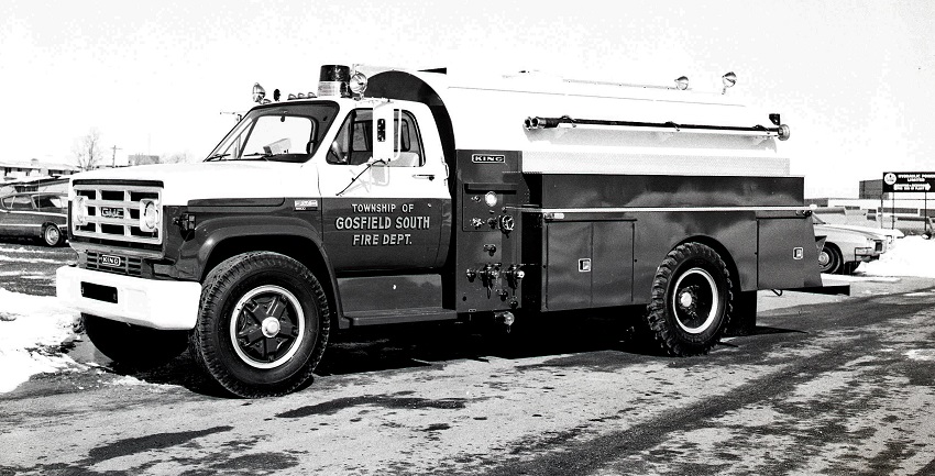 King-Seagrave delivery photo of serial 72017, a 1973 GMC tanker of the Gosfield South Township Fire Department in Ontario.