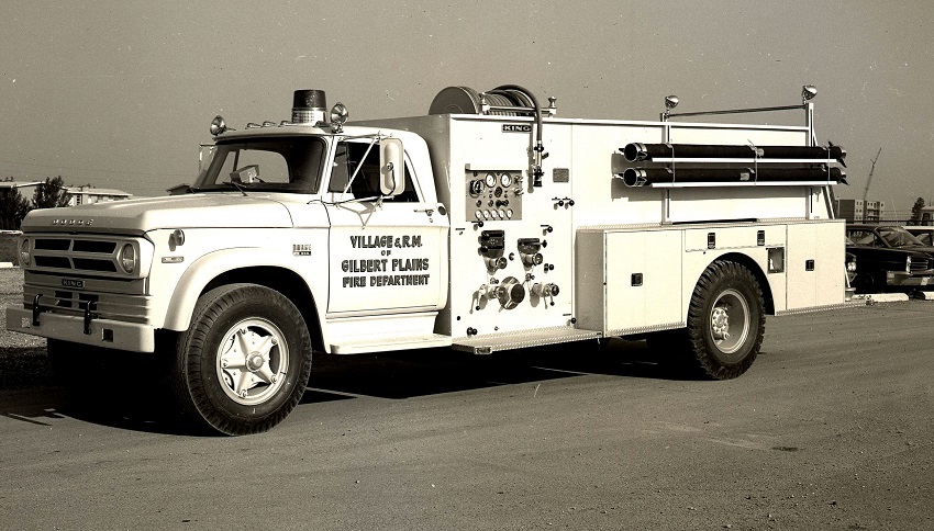 King-Seagrave delivery photo of serial 72041, a 1973 Dodge pumper of the Gilbert Plains Rural Municipality Fire Department in Manitoba.