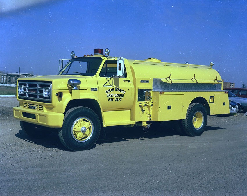 King-Seagrave delivery photo of serial 73010, a 1974 GMC tanker of the North Norwich & East Oxford Township Fire Department in Ontario.