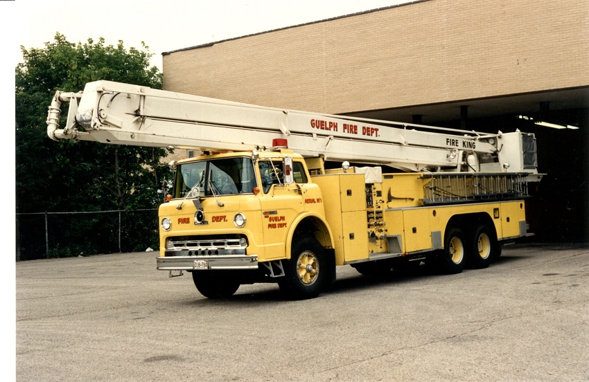 Photo of King-Seagrave serial 73027, a 1975 Ford platform of the Guelph Fire Department in Ontario.