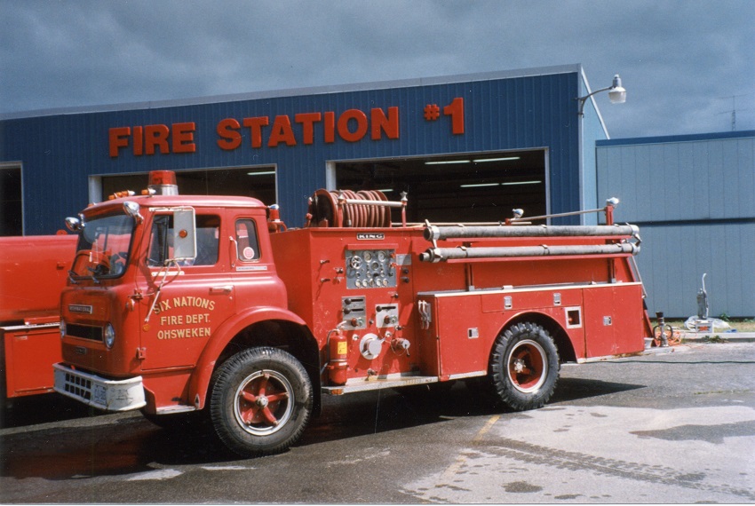 Photo of King-Seagrave serial 73035, a 1973 International  pumper of the Six Nations First Nation Fire Department in Ontario.