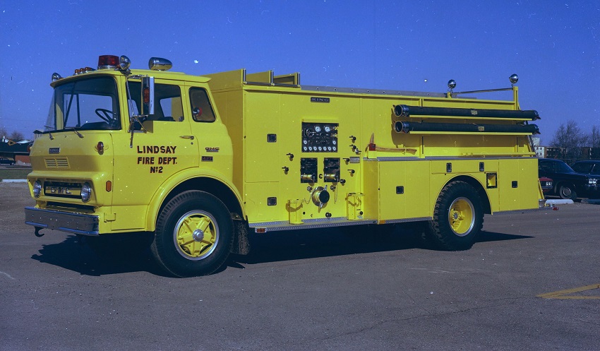 King-Seagrave delivery photo of serial 73039, a 1974 GMC pumper of the Lindsay-Ops Fire Department in Ontario.