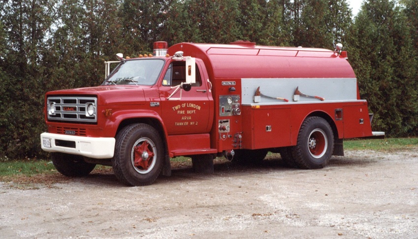 Photo of King-Seagrave serial 73045, a 1974 GMC tanker of the London Township Fire Department in Ontario.