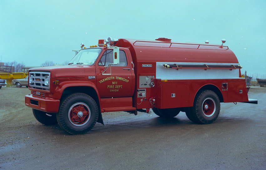 King-Seagrave delivery photo of serial 73049, a 1974 GMC tanker of the Yarmouth Township Fire Area 1 in Ontario.