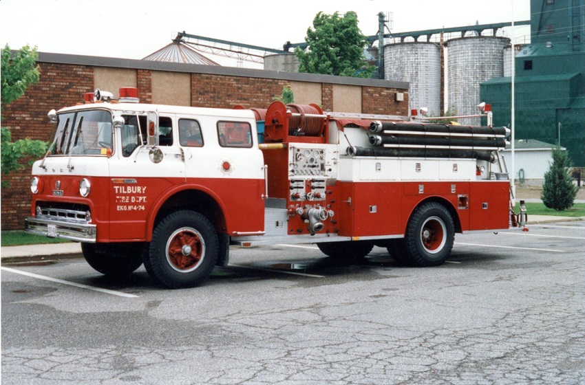 Photo of King-Seagrave serial 73059, a 1974 Ford pumper of the Tilbury Fire Department in Ontario.